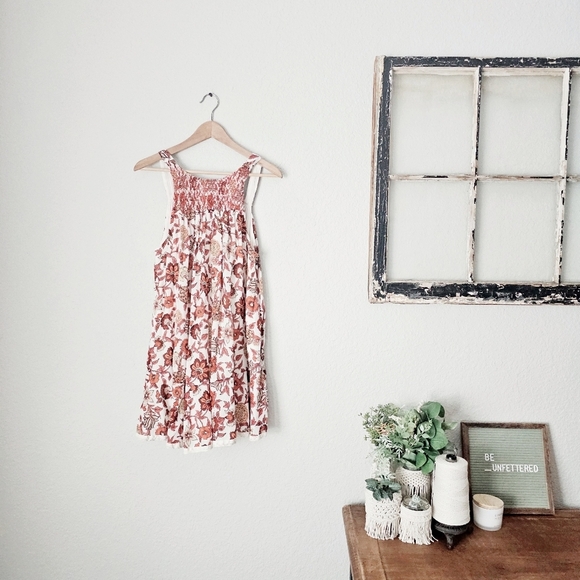 Free People Oh Baby Floral Mini Dress Swing Fully Lined White Cotton Smocked XS - Picture 2 of 16